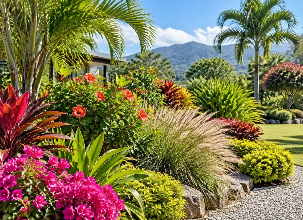 Jardín exterior soleado con plantas tropicales resistentes al sol
