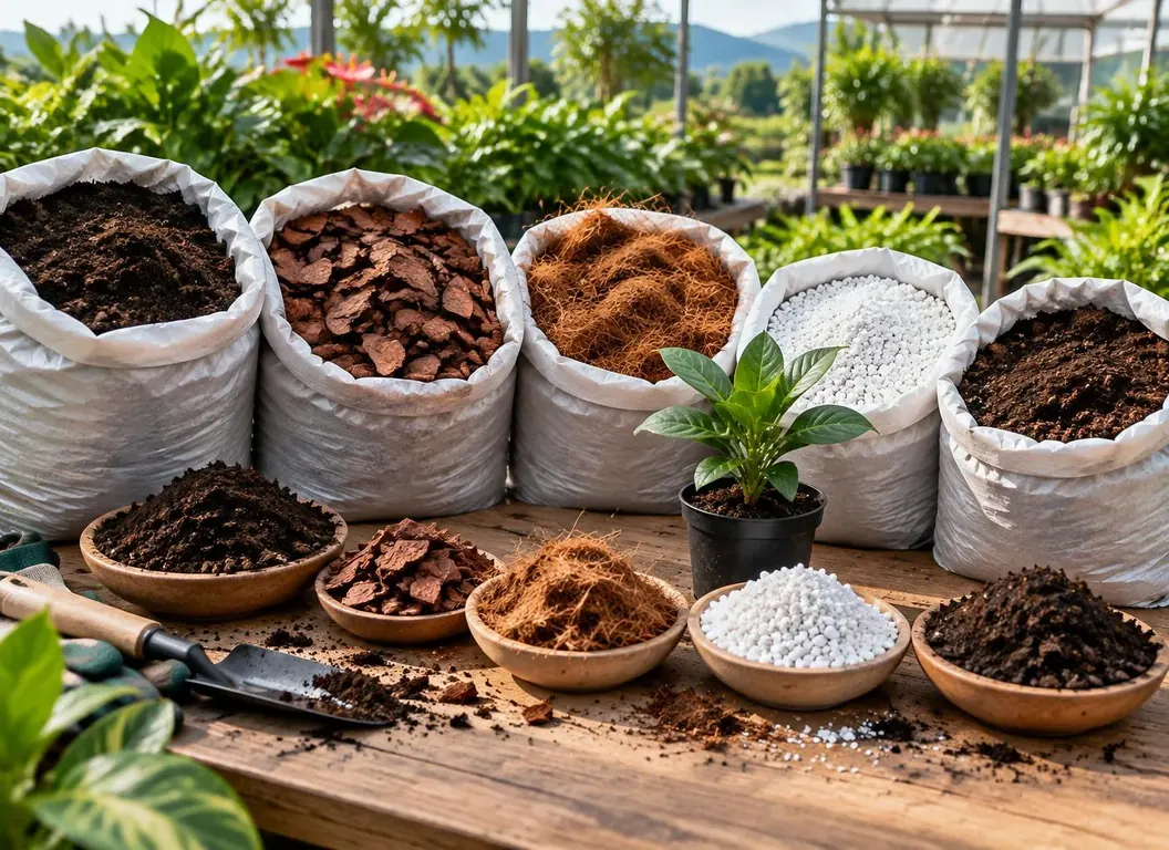 Sustratos para plantas con tierra, corteza, fibra de coco, perlita y compost